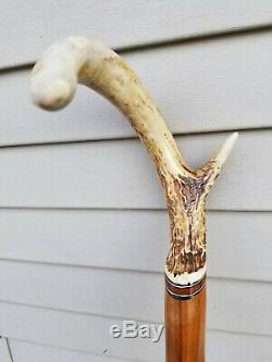 Antique Vintage Hand Carved Wood Walking Stick Cane Antler Handle 38.75