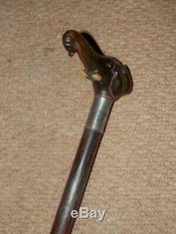 Antique Walking Cane Hand Carved Elephant Head Top H/m Silver Collar London 1906
