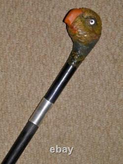Antique Walking Cane Hand Carved & Painted Parrot Head Top H/M Silver'1919