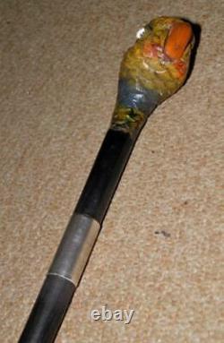 Antique Walking Cane Hand Carved & Painted Parrot Head Top H/M Silver'1919