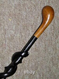 Antique Walking Cane/Stick With Hand Carved Wrapped Snake Shaft -Walnut Putter Top