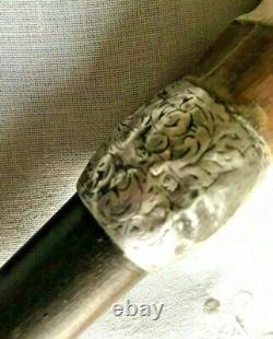 Antique Walking Stick 1886 Carved Victorian Lady Silver Collar