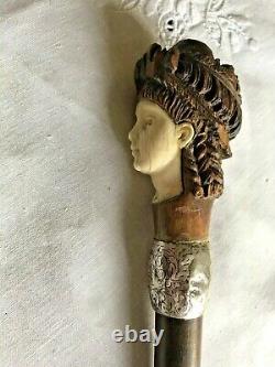Antique Walking Stick 1886 Carved Victorian Lady Silver Collar