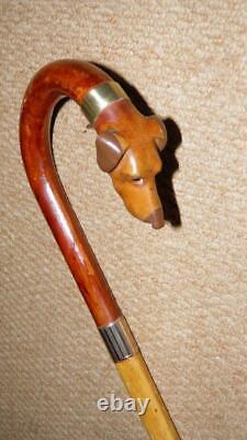 Antique Walking Stick 1929 9CT Gold & Hand-Carved Hound Head By James Smith