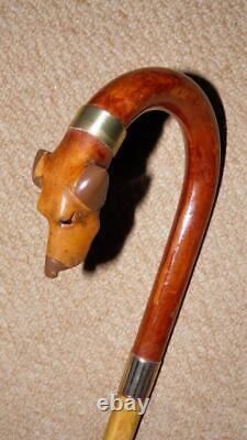 Antique Walking Stick 1929 9CT Gold & Hand-Carved Hound Head By James Smith