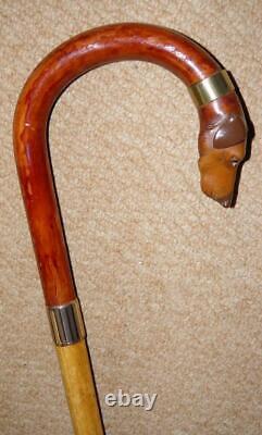 Antique Walking Stick 1929 9CT Gold & Hand-Carved Hound Head By James Smith