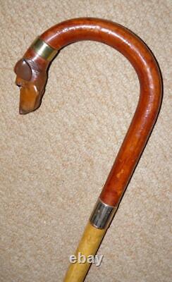 Antique Walking Stick 1929 9CT Gold & Hand-Carved Hound Head By James Smith