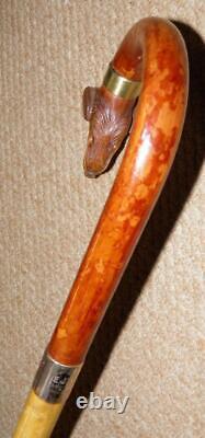 Antique Walking Stick 1929 9CT Gold & Hand-Carved Hound Head By James Smith