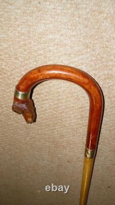 Antique Walking Stick 1929 9CT Gold & Hand-Carved Hound Head By James Smith