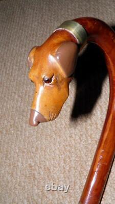 Antique Walking Stick 1929 9CT Gold & Hand-Carved Hound Head By James Smith