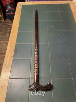Antique Walking Stick Black Forest Bear Style Handle Carved Staff 34in Superb