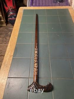 Antique Walking Stick Black Forest Bear Style Handle Carved Staff 34in Superb