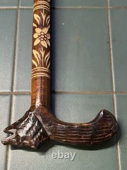 Antique Walking Stick Black Forest Bear Style Handle Carved Staff 34in Superb
