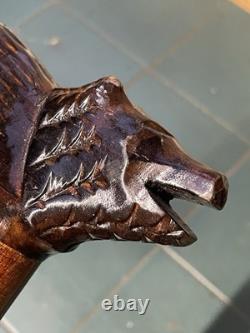 Antique Walking Stick Black Forest Bear Style Handle Carved Staff 34in Superb