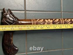 Antique Walking Stick Black Forest Bear Style Handle Carved Staff 34in Superb