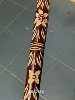 Antique Walking Stick Black Forest Bear Style Handle Carved Staff 34in Superb
