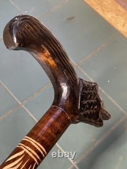 Antique Walking Stick Black Forest Bear Style Handle Carved Staff 34in Superb