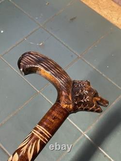 Antique Walking Stick Black Forest Bear Style Handle Carved Staff 34in Superb