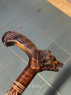 Antique Walking Stick Black Forest Bear Style Handle Carved Staff 34in Superb