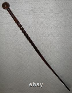 Antique Walking Stick / Cane Ball Handle With Silver End Carved Twisted Shaft