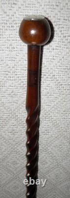 Antique Walking Stick / Cane Ball Handle With Silver End Carved Twisted Shaft