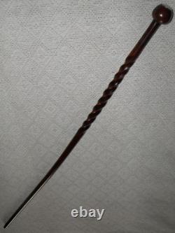 Antique Walking Stick / Cane Ball Handle With Silver End Carved Twisted Shaft