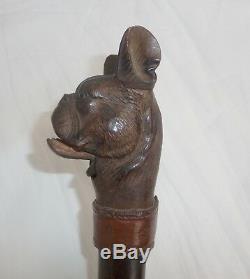 Antique Walking Stick Cane Carved Dog Bully Head Handle Opens Mouth Wiggles Ears