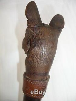 Antique Walking Stick Cane Carved Dog Bully Head Handle Opens Mouth Wiggles Ears