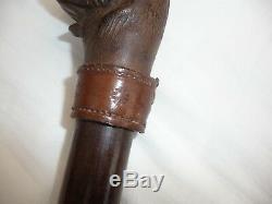 Antique Walking Stick Cane Carved Dog Bully Head Handle Opens Mouth Wiggles Ears