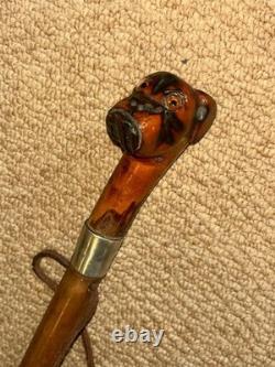 Antique Walking Stick Cane Carved Glass Eyed Bulldog Head & Silver Collar