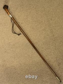 Antique Walking Stick Cane Carved Glass Eyed Bulldog Head & Silver Collar