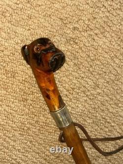 Antique Walking Stick Cane Carved Glass Eyed Bulldog Head & Silver Collar