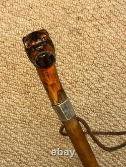 Antique Walking Stick Cane Carved Glass Eyed Bulldog Head & Silver Collar