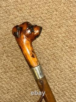 Antique Walking Stick Cane Carved Glass Eyed Bulldog Head & Silver Collar