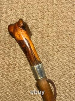 Antique Walking Stick Cane Carved Glass Eyed Bulldog Head & Silver Collar