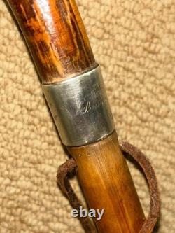 Antique Walking Stick Cane Carved Glass Eyed Bulldog Head & Silver Collar