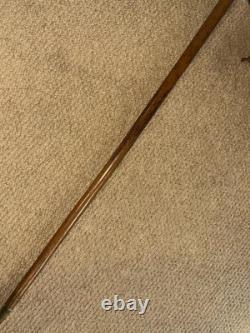 Antique Walking Stick Cane Carved Glass Eyed Bulldog Head & Silver Collar