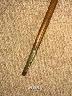 Antique Walking Stick Cane Carved Glass Eyed Bulldog Head & Silver Collar