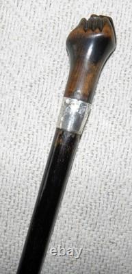 Antique Walking / Stick Cane Carved Hand Hallmarked 1914 Silver Collar C. Walker