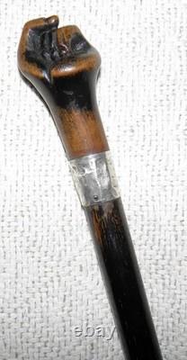 Antique Walking / Stick Cane Carved Hand Hallmarked 1914 Silver Collar C. Walker