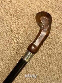 Antique Walking Stick / Cane Carved Kris Hilt & Hallmarked 1917 Silver Collar