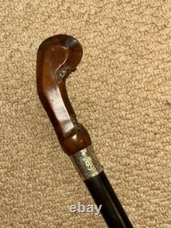 Antique Walking Stick / Cane Carved Kris Hilt & Hallmarked 1917 Silver Collar