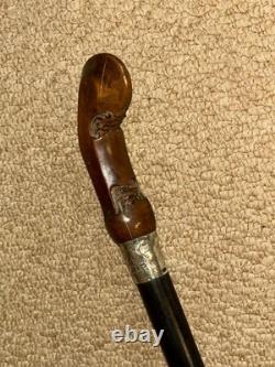 Antique Walking Stick / Cane Carved Kris Hilt & Hallmarked 1917 Silver Collar
