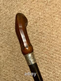 Antique Walking Stick / Cane Carved Kris Hilt & Hallmarked 1917 Silver Collar Antique Walking Stick / Cane Carved Kris Hilt & Hallmarked 1917 Silver Collar