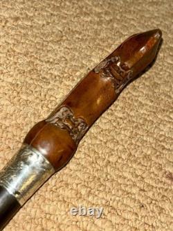 Antique Walking Stick / Cane Carved Kris Hilt & Hallmarked 1917 Silver Collar