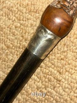 Antique Walking Stick / Cane Carved Kris Hilt & Hallmarked 1917 Silver Collar