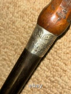 Antique Walking Stick / Cane Carved Kris Hilt & Hallmarked 1917 Silver Collar