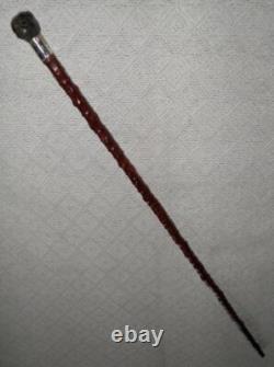 Antique Walking Stick Cane Carved Pug Dog Head Handle Hallmarked Silver Collar