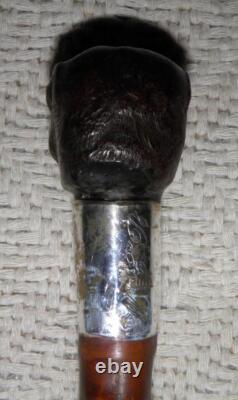 Antique Walking Stick Cane Carved Pug Dog Head Handle Hallmarked Silver Collar