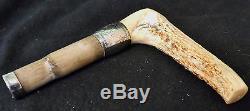 Antique Walking Stick Cane Carved Stag Horn & Sterling Silver Handle Only